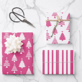 Festive Pink and White Christmas Tree Pattern Wrapping Paper Sheet
