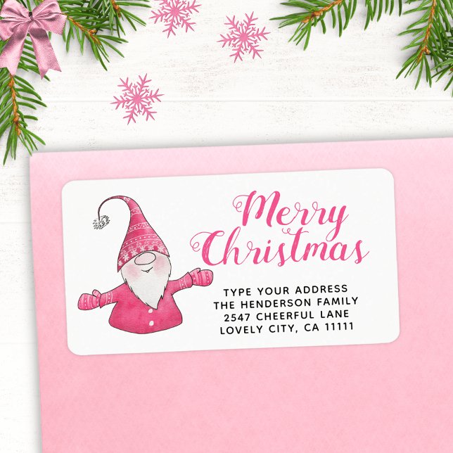 Festive Pink and White Cute Gnome Merry Christmas Label (Creator Uploaded)