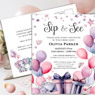 Festive Pink Blue Balloon Welcome Baby SIP AND SEE Invitation Postcard