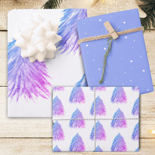Festive Pink Blue Christmas Tree Watercolor  Wrapping Paper Sheet