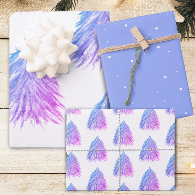 Festive Pink Blue Christmas Tree Watercolor  Wrapping Paper Sheet (Creator Uploaded)
