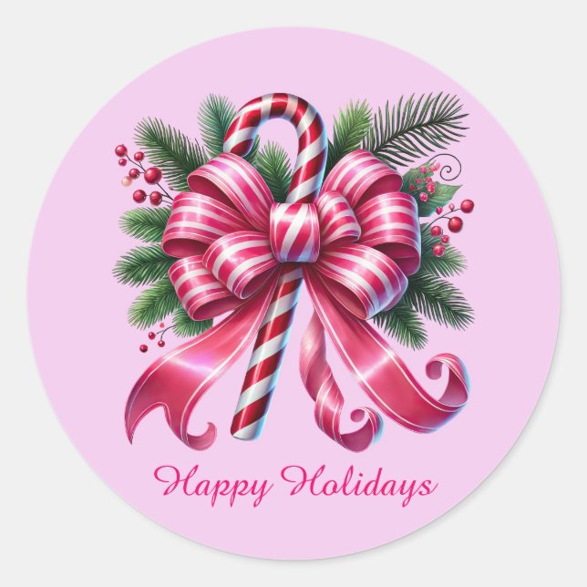 Festive pink Christmas customisable candy cane Classic Round Sticker (Front)