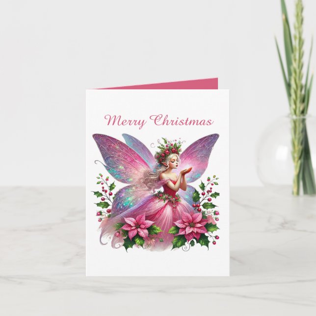 Festive pink Christmas customisable fairy  Holiday Card (Front)