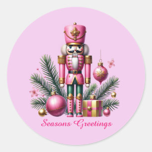 Festive pink Christmas customisable nutcracker Classic Round Sticker