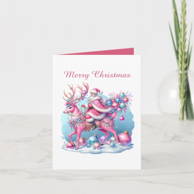 Festive pink Christmas customisable Santa  Holiday Card (Front)