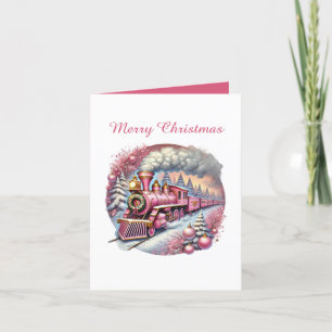 Festive pink Christmas customisable train Holiday Card