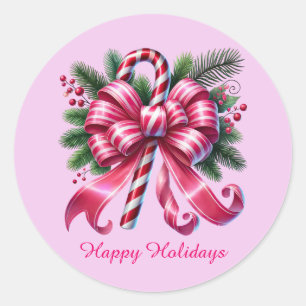 Festive pink Christmas customizable candy cane Classic Round Sticker
