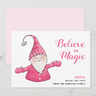 Festive Pink Christmas Cute Gnome Believe in Magic Holiday Card