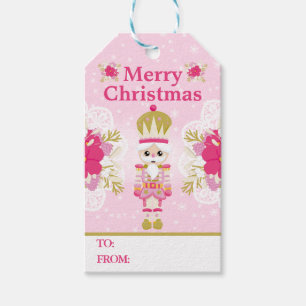 Festive Pink Christmas Nutcracker Floral Gift Tags