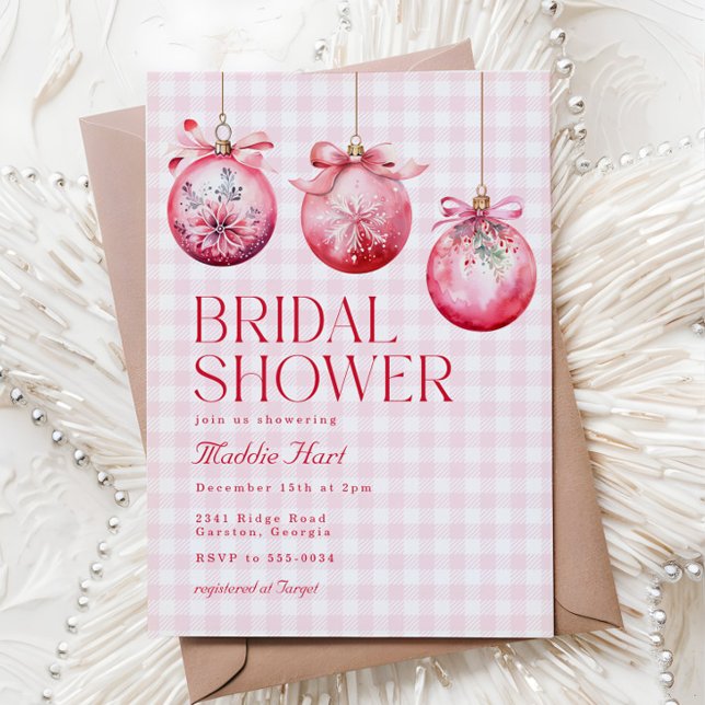 Festive Pink Christmas Ornament Bridal Shower Invitation (Creator Uploaded)