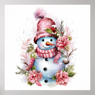 Festive pink Christmas snow woman Poster
