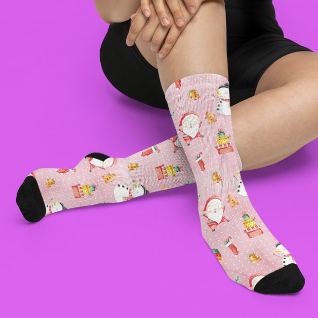 Festive Pink Christmas Snowman Santa pattern Socks (Creator Uploaded)
