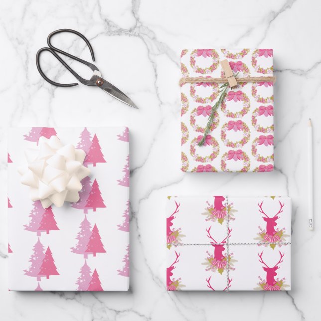 festive pink Christmas tiled pattern Wrapping Paper Sheet (Front)