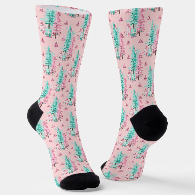 Festive Pink Christmas Tree Pattern Socks (Angled)