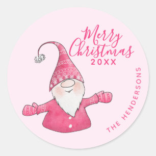 Festive Pink Cute Gnome Custom Merry Christmas Classic Round Sticker