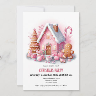 Festive Pink Gingerbread House Christmas Party  Holiday Card