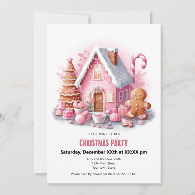 Festive Pink Gingerbread House Christmas Party  Holiday Card (Front)