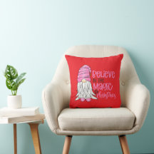 Festive Pink Gnome Christmas Throw Pillow - Red