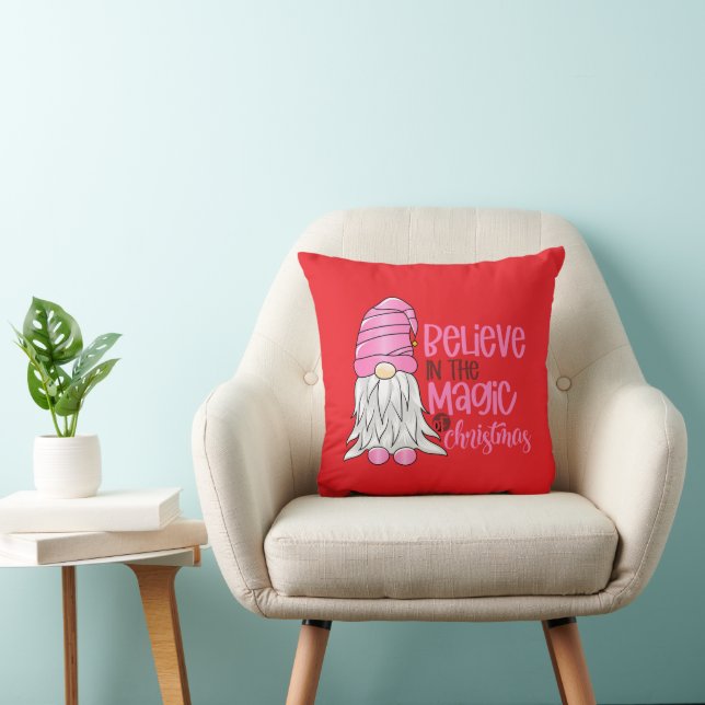Festive Pink Gnome Christmas Throw Pillow - Red (Chair)