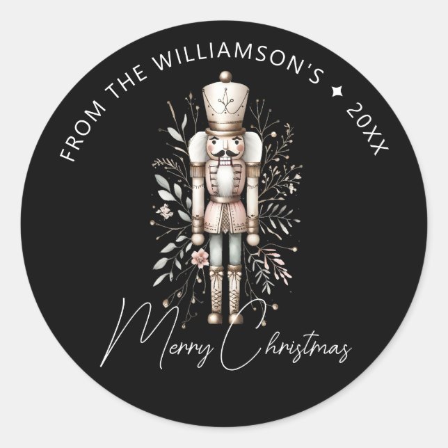 Festive Pink Gold Nutcracker Christmas Dark Classic Round Sticker (Front)