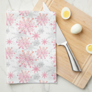 Festive Pink Gray snowflake tiled pattern Tea Towel