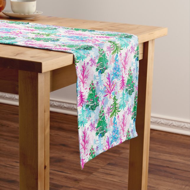 Festive Pink, Green, and Blue Christmas Trees  Long Table Runner (In Situ)