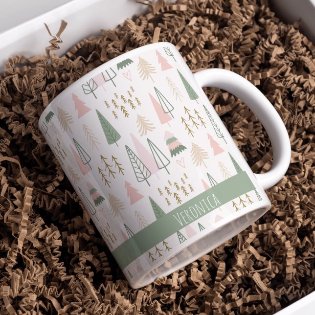 Festive Pink Green Minimalist Christmas Trees Name Coffee Mug (Creator Uploaded)