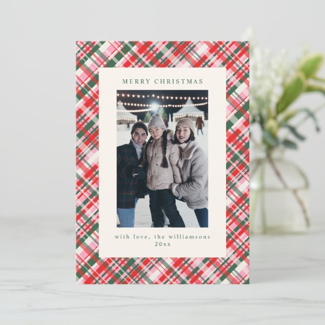 Festive Pink Green Plaid Christmas Photo Letter Holiday Card (Standing Front)