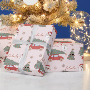 Festive Pink Groovy Christmas Tree Wrapping Paper