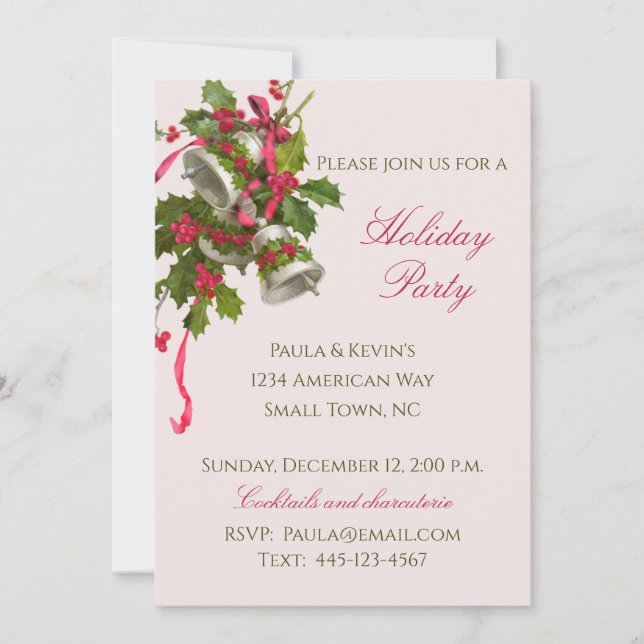 Festive Pink Holly and Silver Bells Christmas Invitation (Front)
