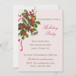 Festive Pink Holly and Silver Bells Christmas Invitation