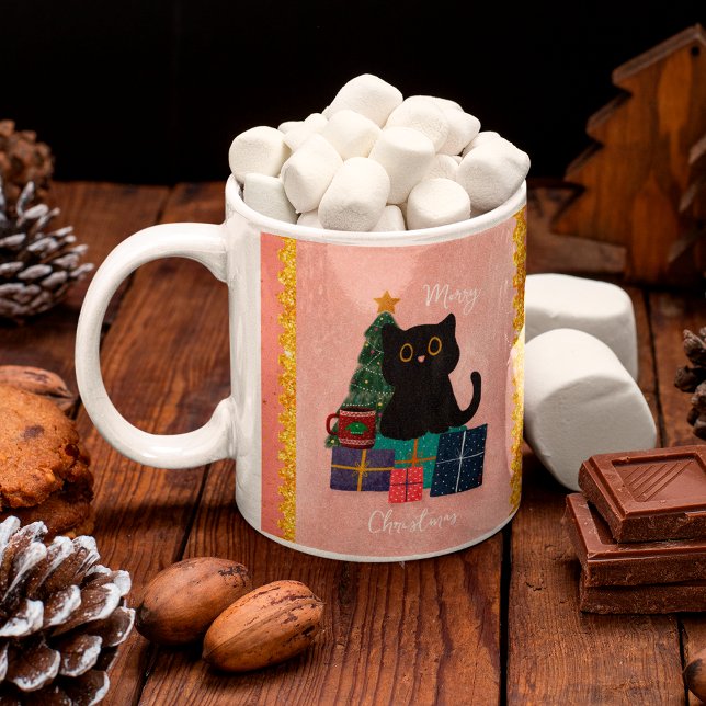 Festive Pink Merry Christmas Cute Black Cat Coffee Coffee Mug (Creator Uploaded)