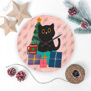 Festive Pink Merry Christmas Cute Black Cat Coffee Large Clock