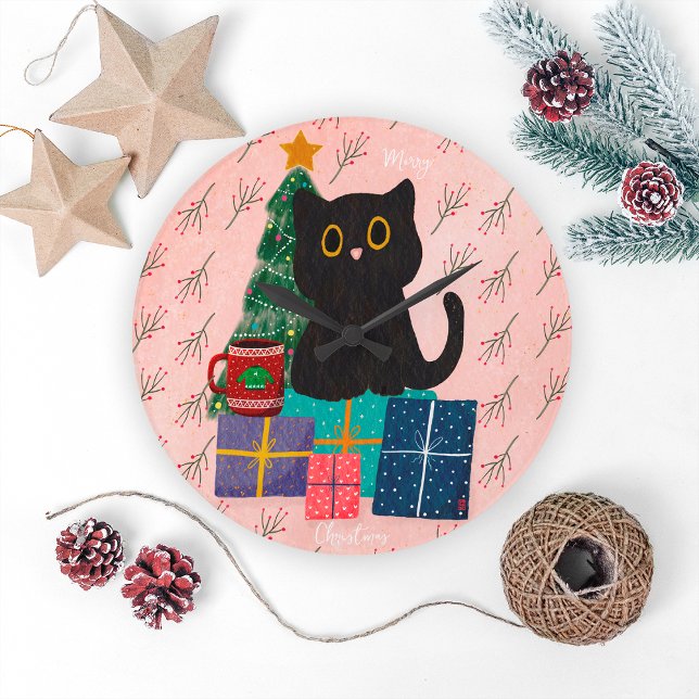 Festive Pink Merry Christmas Cute Black Cat Coffee Large Clock (Creator Uploaded)