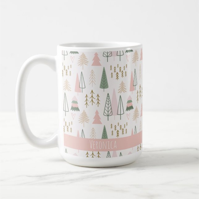 Festive Pink Minimalist Christmas Trees Name Coffee Mug (Left)