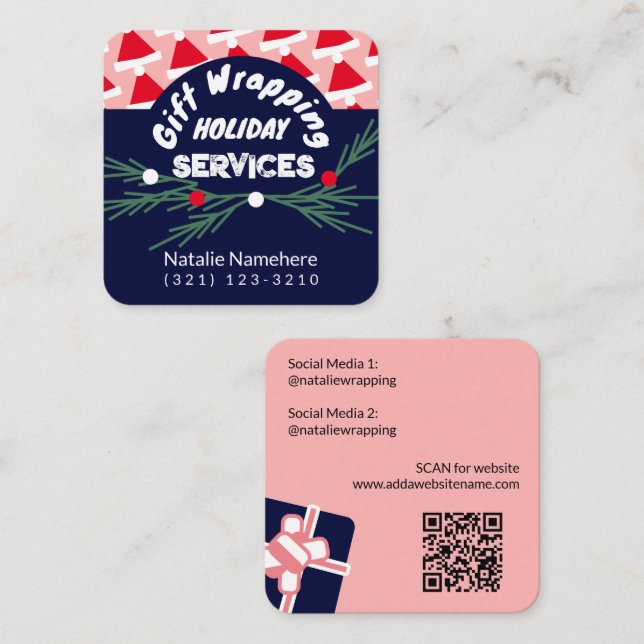 Festive Pink Modern Professional Gift Wrap Service Square Business Card (Front/Back)