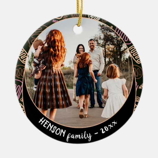 Festive Pink One line art Christmas Family Photo Ceramic Ornament (Front)