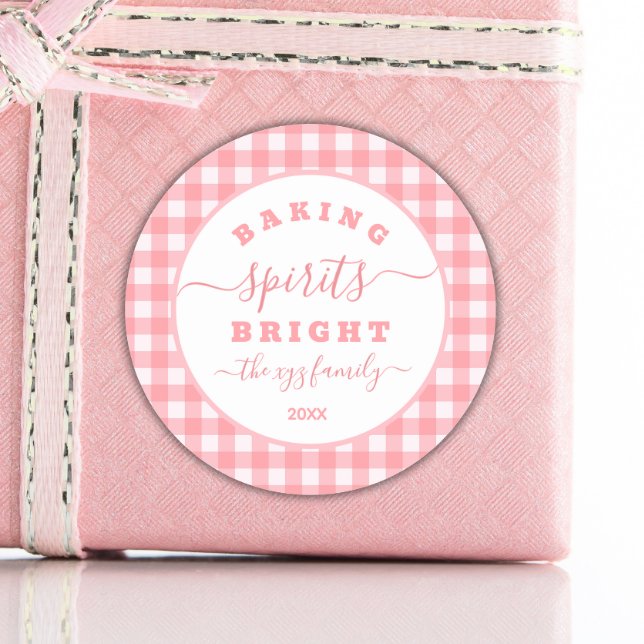 Festive Pink Plaid gingham Baking Spirits Bright  Classic Round Sticker (Creator Uploaded)