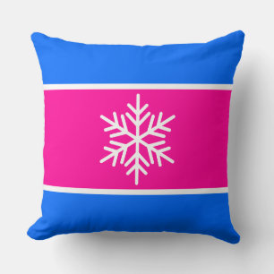 Festive Pink Powder Blue White Stripes Snowflake Cushion