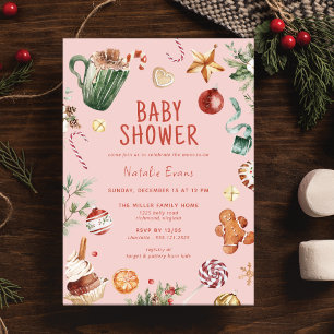 Festive Pink Red Cute Christmas Girl Baby Shower Invitation