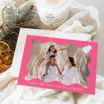 Festive Pink Retro Photo Frame Merry Christmas Holiday Card<br><div class="desc">Send festive holiday greetings to your friends and family with this trendy holiday photo card! The simple Christmas card displays your horizontal photo framed in a wavy, pink retro-style frame. Personalise the minimal holiday card with a custom greeting (shown as Merry Christmas) and your family name in white lettering. The...</div>
