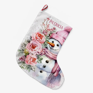 Festive pink snow woman add name  large christmas stocking
