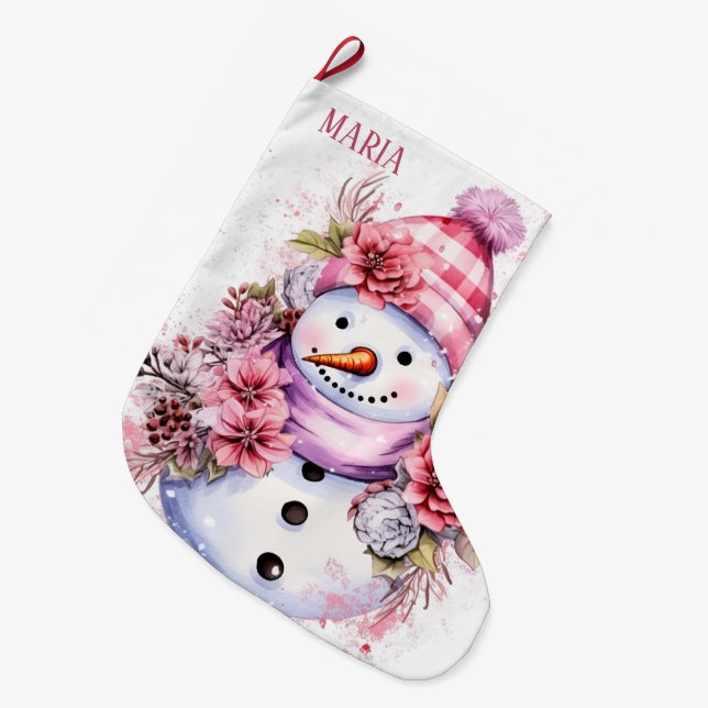 Festive pink snow woman add name  large christmas stocking (Front (Hanging))