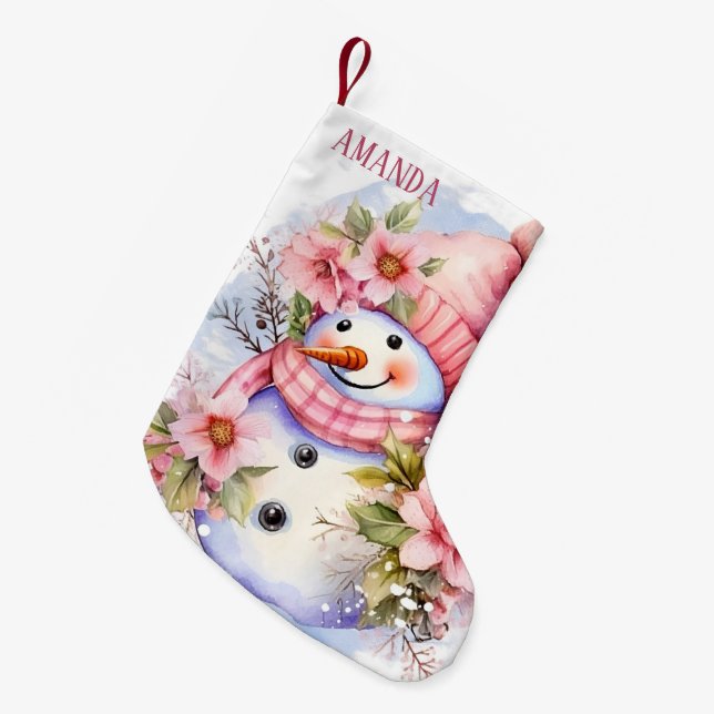 Festive pink snow woman add name small christmas stocking (Front (Hanging))