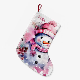 Festive pink snow woman add name  small christmas stocking