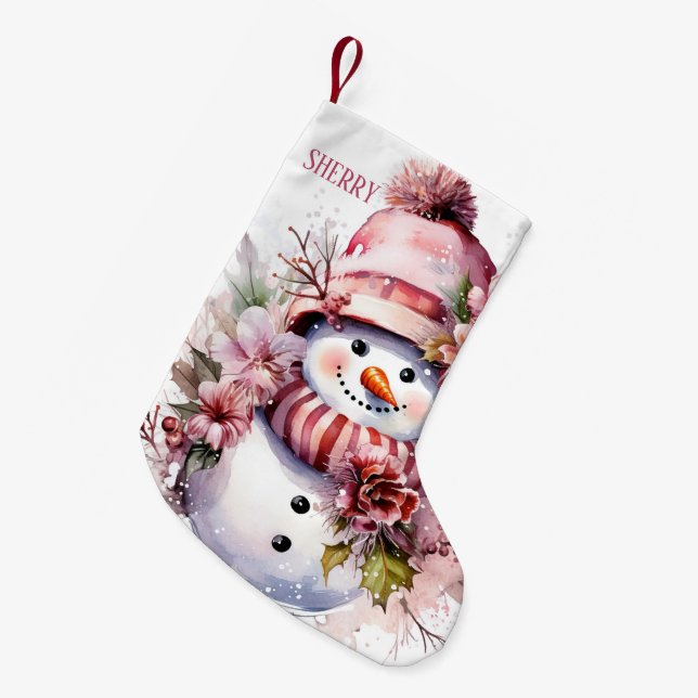 Festive pink snow woman add name small christmas stocking (Front (Hanging))