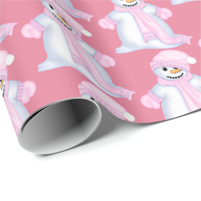 Festive pink snowman Christmas party tiled wrap Wrapping Paper (Roll Corner)