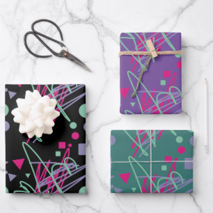 Festive Pink Teal Purple Dots Squares Triangles  Wrapping Paper Sheet