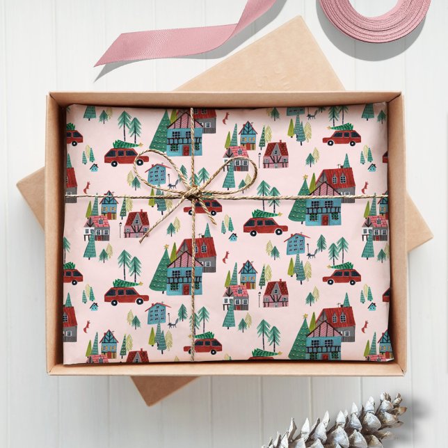 Festive Pink Village & Car Tree Retro Christmas  Tissue Paper (Festive Pink Village & Car Tree Retro Christmas Tissue Paper)