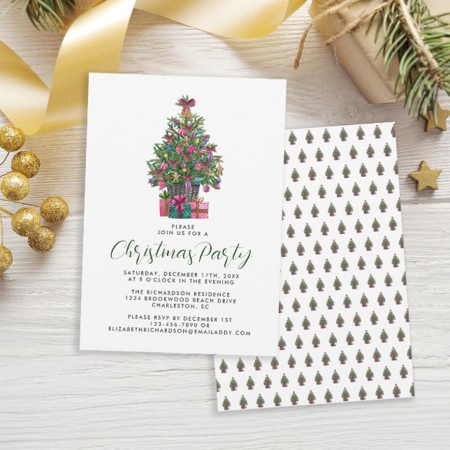 Festive Pink Whimsical Christmas Tree Party Invitation (Festive Pink Whimsical Christmas Tree Party Invitation)